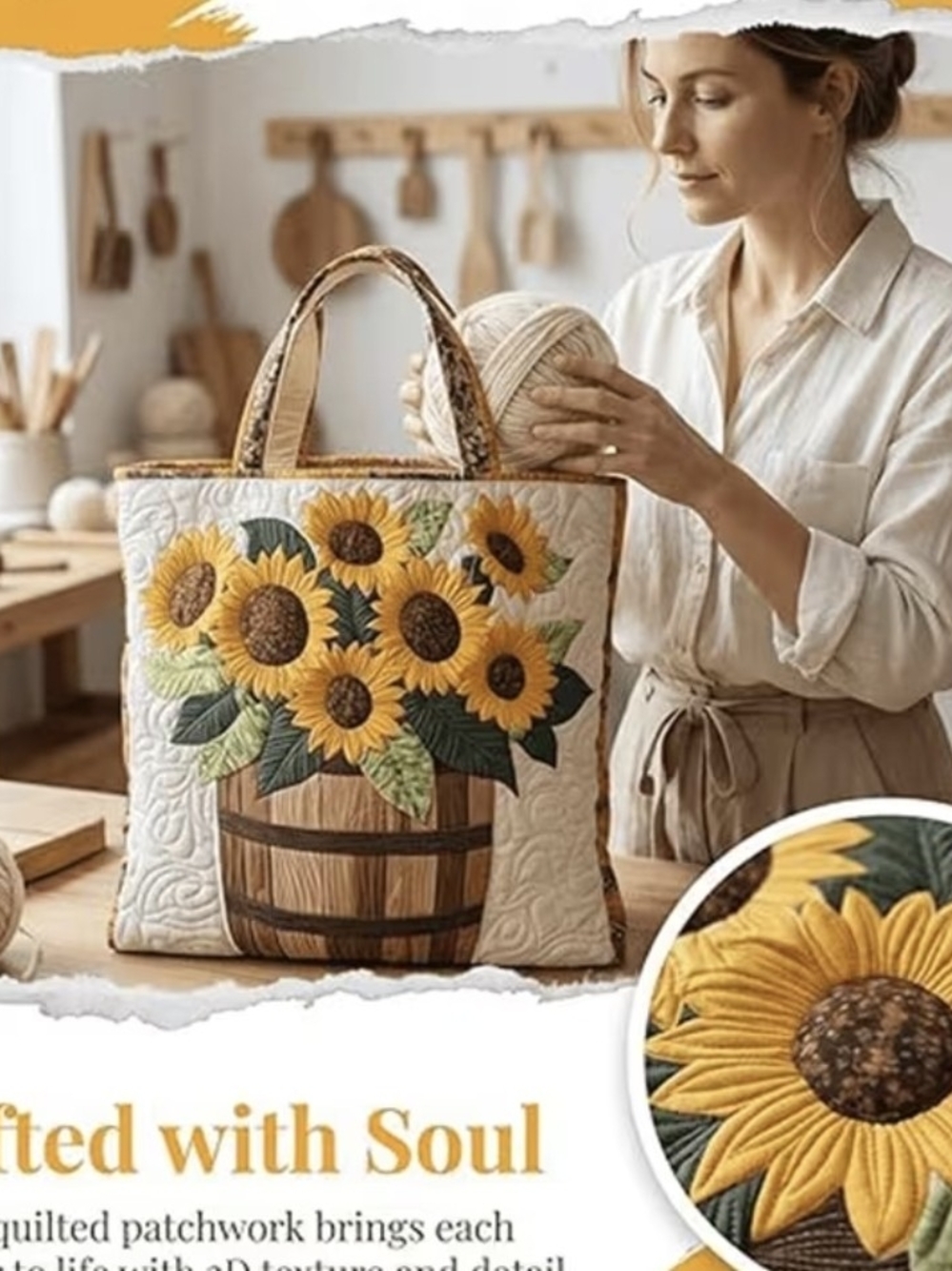 Sunflower Quilted Tote Bag - Yellow Sunflower Design